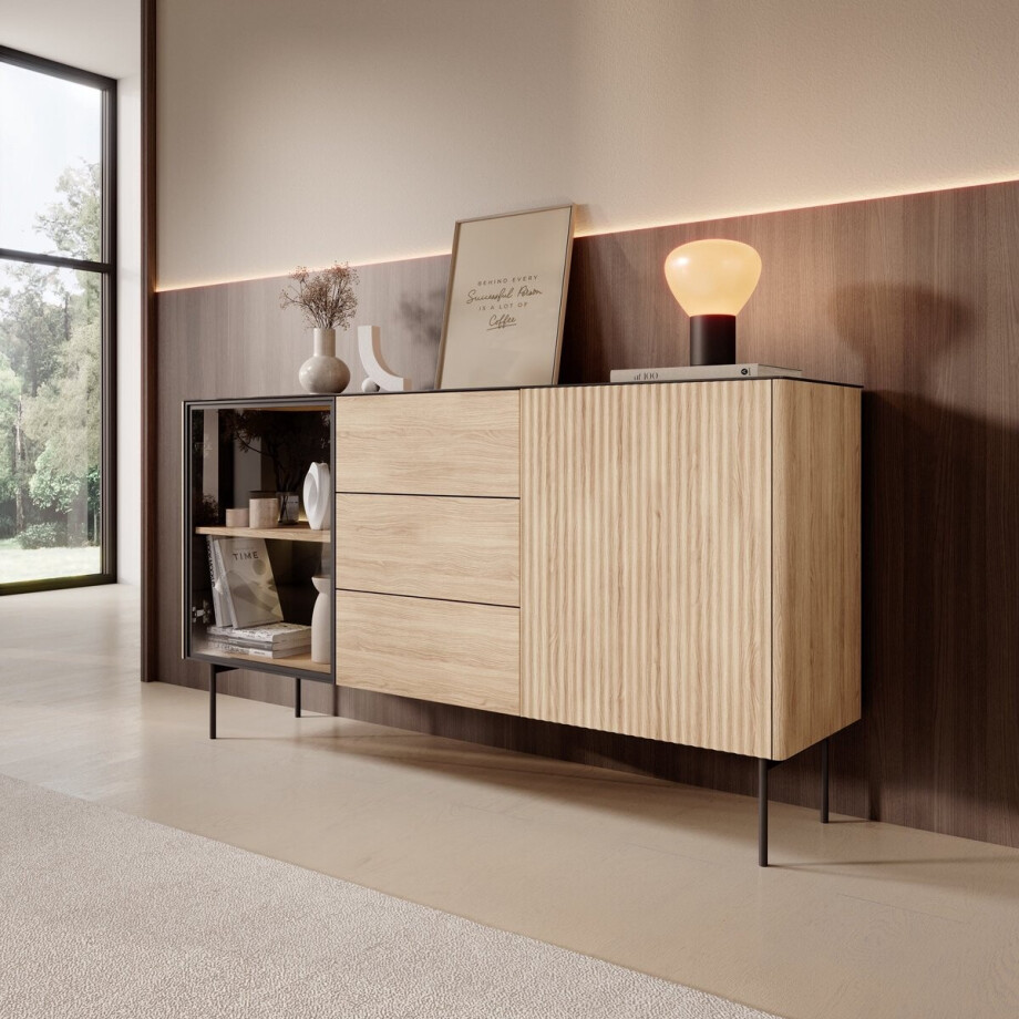 Meubella - Okari - Dressoir - Eikenpatroon - 157x39x84 cm Meubella - Okari - Dressoir - Eikenpatroon - 157x39x84 cm afbeelding 1