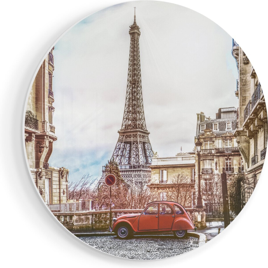 Artaza Forex Muurcirkel Eiffeltoren In Parijs Met Een Rode Kever Auto - 40x40 cm - Klein - Wandcirkel - Rond Schilderij - Wanddecoratie Cirkel afbeelding 1