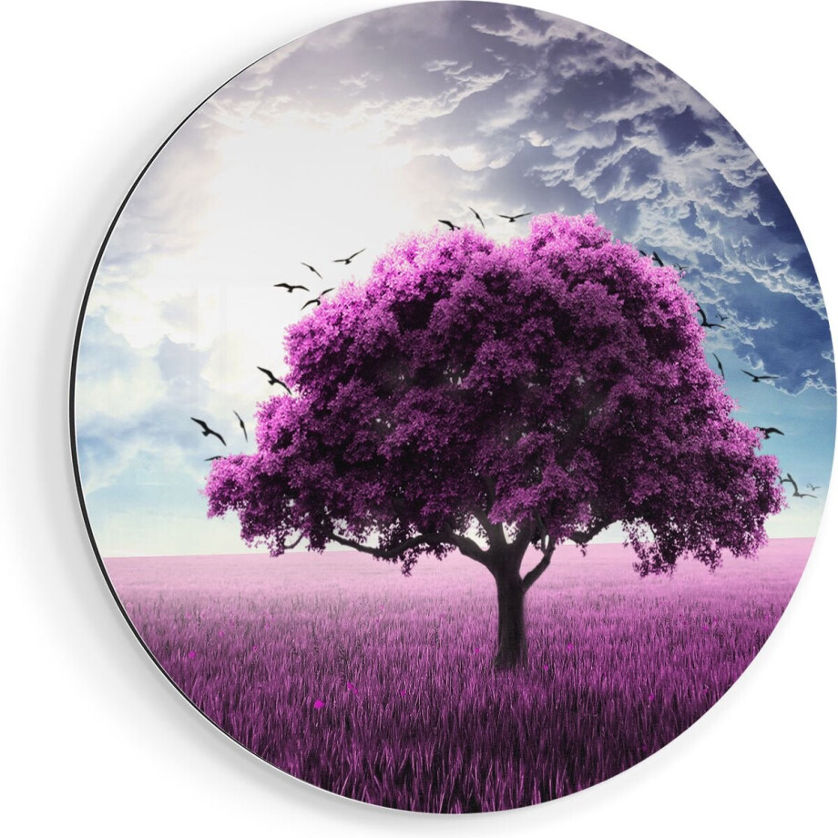 Artaza Dibond Muurcirkel Paarse Boom In Het Paars Veld Met Vogels - Ø 90 cm - Groot - Wandcirkel - Rond Schilderij - Voor Binnen en Buiten afbeelding 1