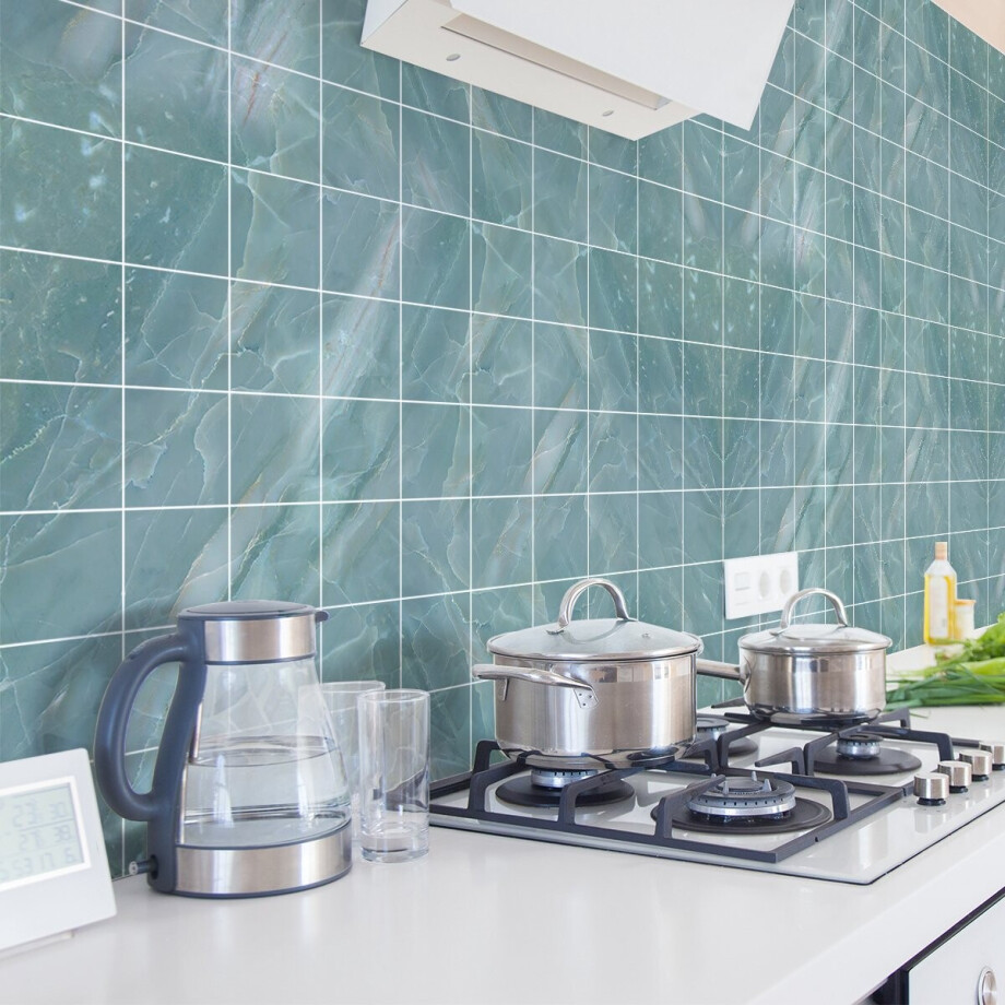 Zelfklevende muurtegelstickers voor keuken en badkamer - 60 blauwe marmeren cementtegelstickers van Ofradia - 60 stickers 20x20cm afbeelding 1
