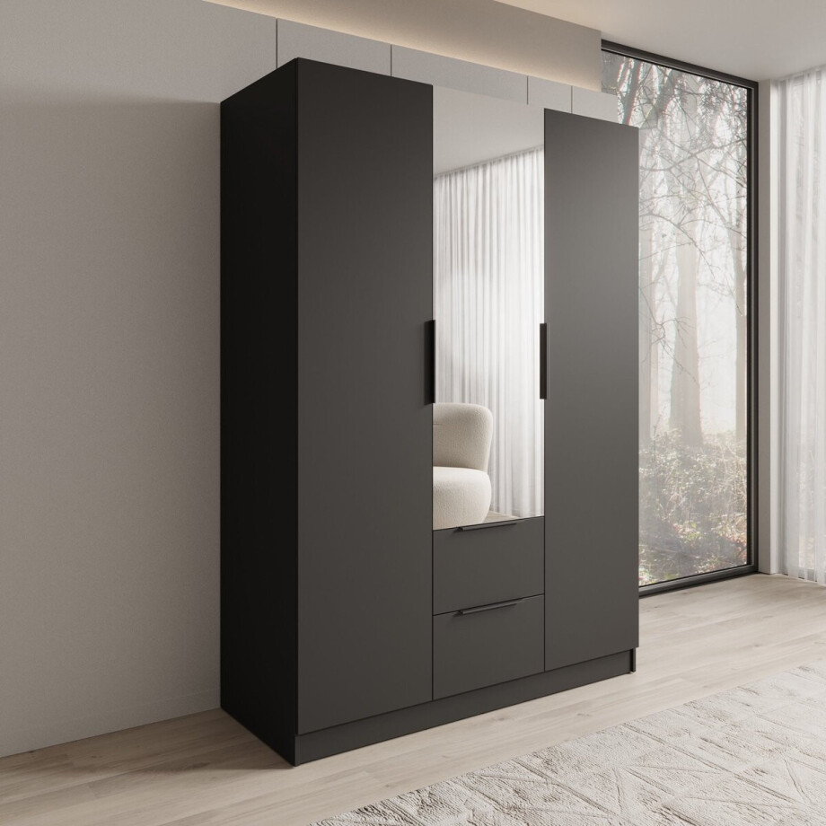 Meubella - Caliero - Kledingkast met spiegel - Zwart - 150x60x216 cm afbeelding 1