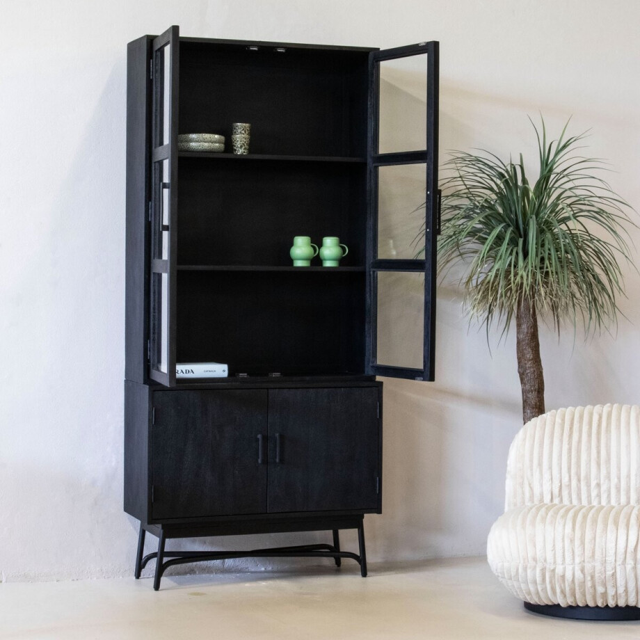 Giga Meubel Vitrinekast Romee - Mangohout - Zwart - 100x38x220cm afbeelding 1