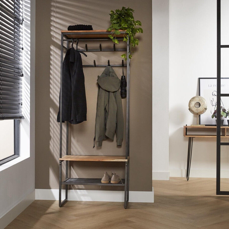 Kapstok industrieel Karl acaciahout metaal 8 haken afbeelding 1