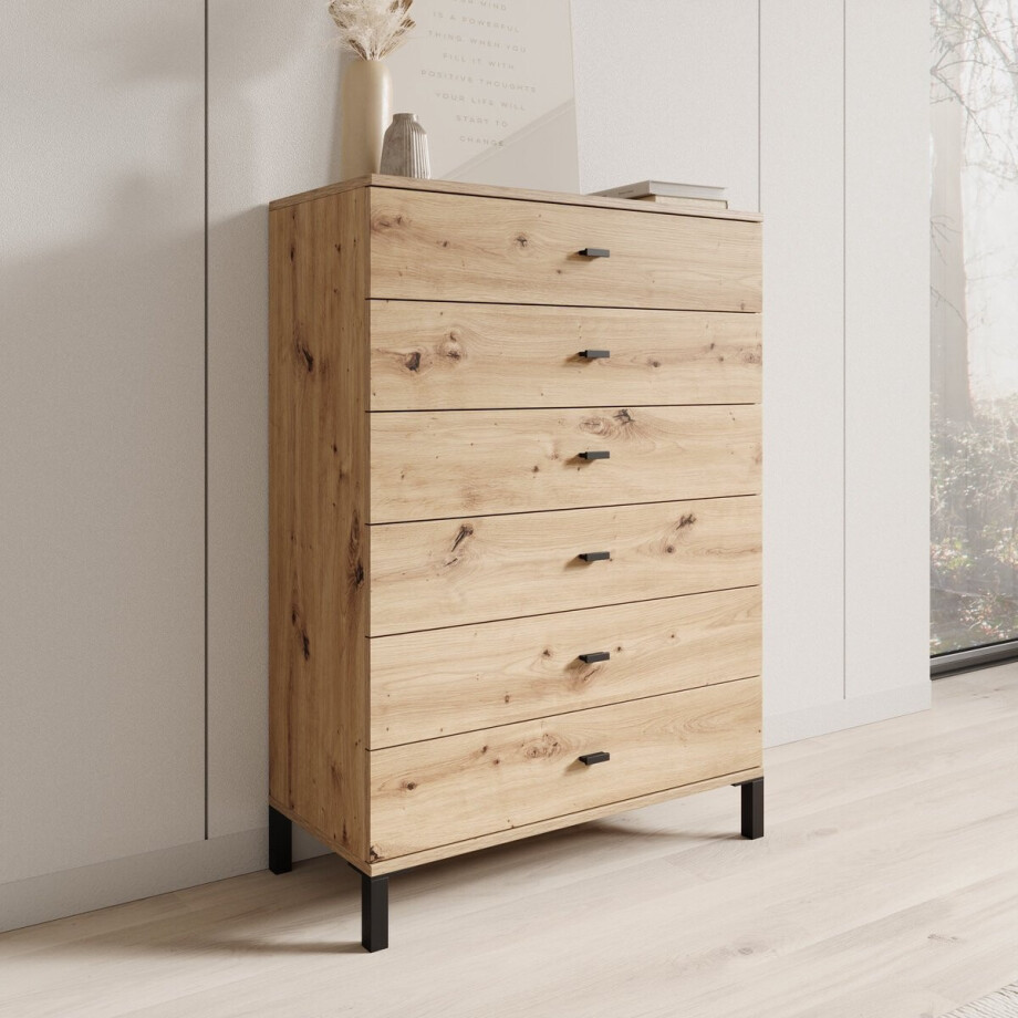Meubella - Avellio - Ladekast met 6 lades - Eikenpatroon - 77x35x110 cm Meubella - Avellio - Ladekast met 6 lades - Eikenpatroon - 77x35x110 cm afbeelding 1