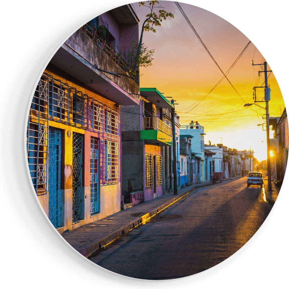 Artaza Forex Muurcirkel Cuba Kleurrijke Huisjes bij Zonsondergang - 90x90 cm - Groot - Wandcirkel - Rond Schilderij - Muurdecoratie Cirkel afbeelding 1