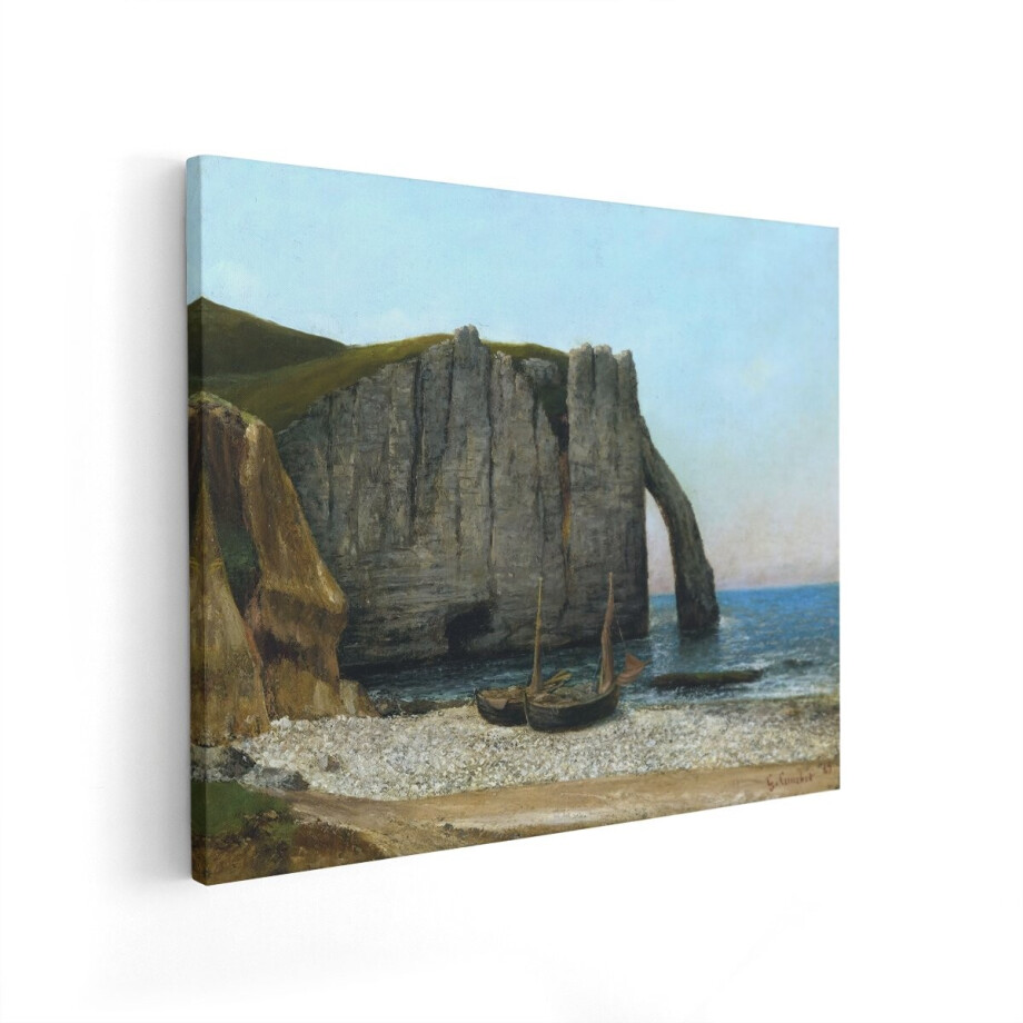 Artaza Canvas Schilderij Zee Landschap Etretat - 100x80 cm - Wanddecoratie Gustave Courbet - Muurdecoratie Kliffen - Decoratie Strand Boten afbeelding 1