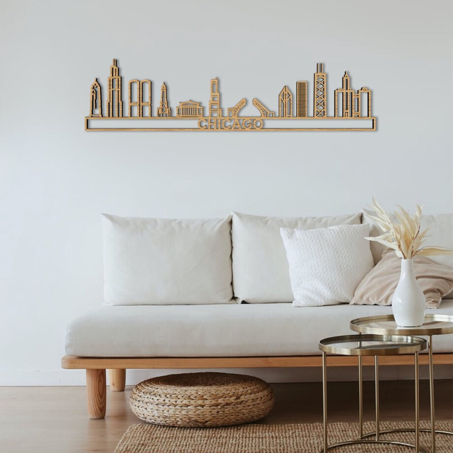 Skyline Chicago Eikenhout 130 Cm Wanddecoratie Voor Aan De Muur Met Tekst City Shapes afbeelding 1