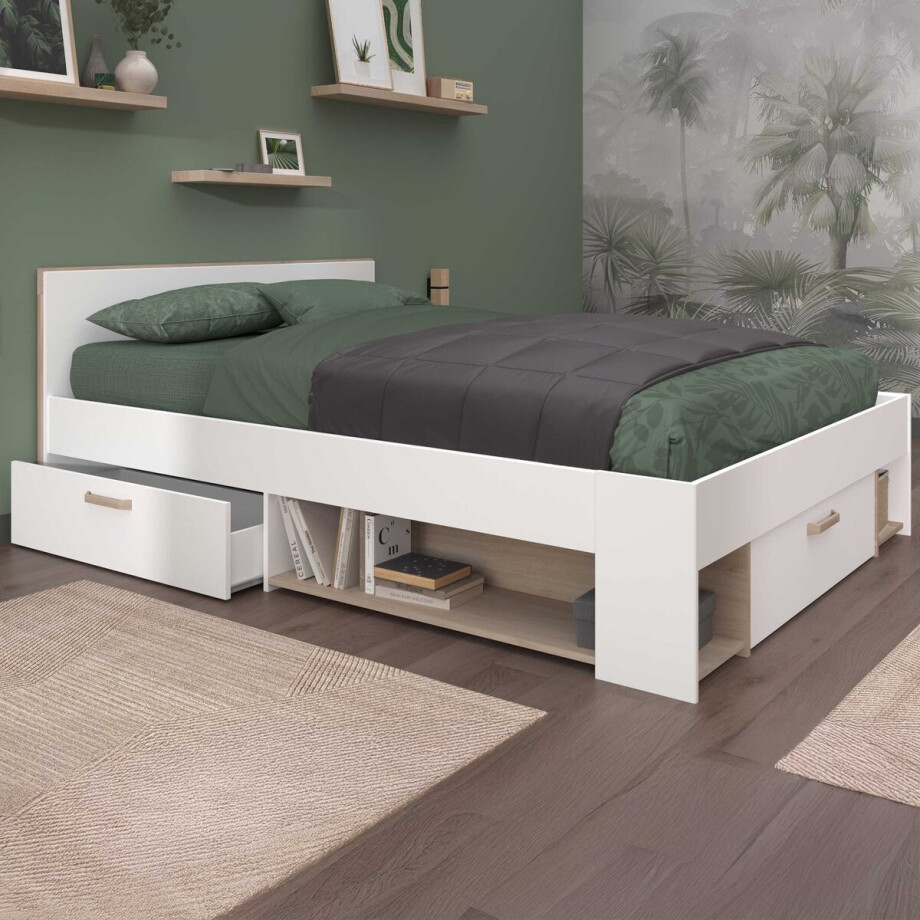 Tweepersoonsbed Sueno 140x200cm Met Opbergruimte - Wit/eikdecor - Parisot - Tweepersoons Bedkader - Wit - Spaanplaat Tweepersoons Normaal Bed afbeelding 1