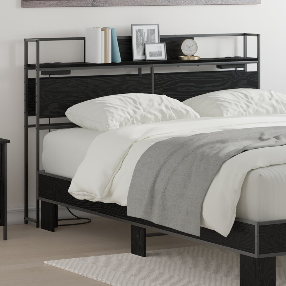 vidaXL - Opberghoofdbord - met - plank - Zwart - eiken - 120 - cm - Bewerkt - hout afbeelding 1