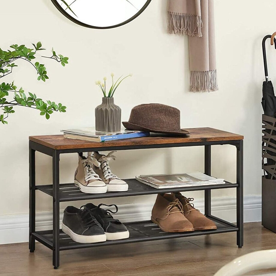 Schoenenbank Brad 2 legplanken - rustiek bruin/zwart - Vasagle - Schoenenrek - Bruin; Zwart - Spaanplaat; Staal Schoenenbank Brad 2 legplanken - rustiek bruin/zwart - Vasagle - Schoenenrek - Bruin; Zwart - Spaanplaat; Staal afbeelding 1
