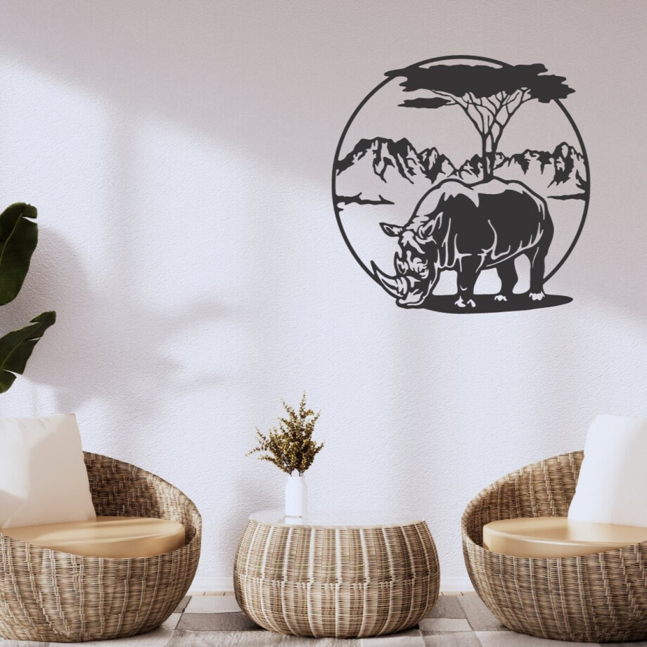 WandStaal - Neushoorn - Silhouette - Metaalkunst - Zwart - 1000x1000x2 Dieren - Wanddecoratie - Muurdecoratie - Inclusief bevestigingsmateriaal afbeelding 1