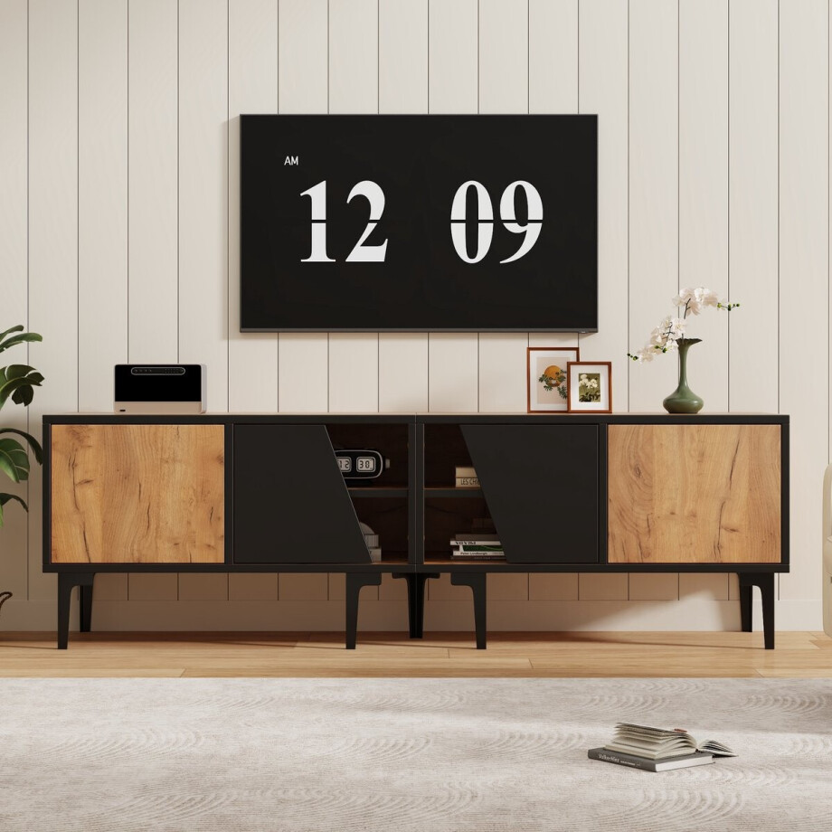 TV meubel 160 cm - lowboard voor 65 inch - 4 opbergvakken - extra stabiel met 7 steunpoten - houtlook naturel zwart TV meubel 160 cm - lowboard voor 65 inch - 4 opbergvakken - extra stabiel met 7 steunpoten - houtlook naturel zwart afbeelding 1