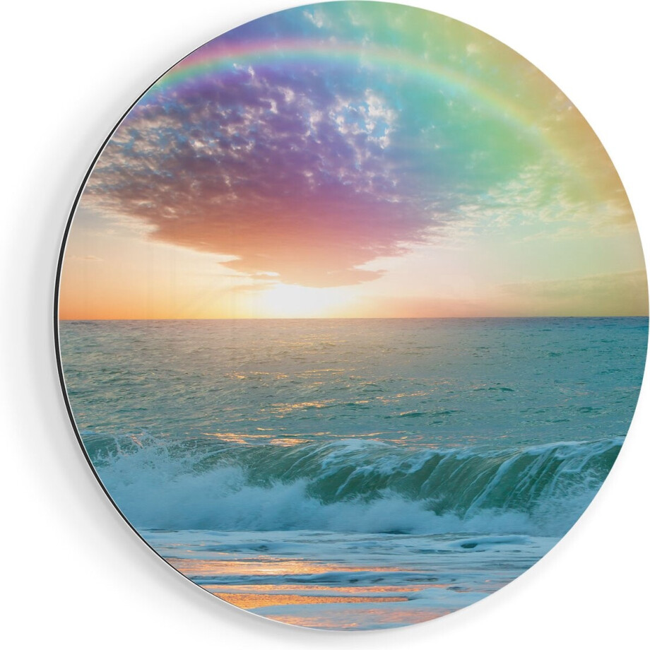 Artaza Dibond Muurcirkel Regenboog in het Water bij het Strand - Ø 60 cm - Wandcirkel - Rond Schilderij - Voor Binnen en Buiten afbeelding 1