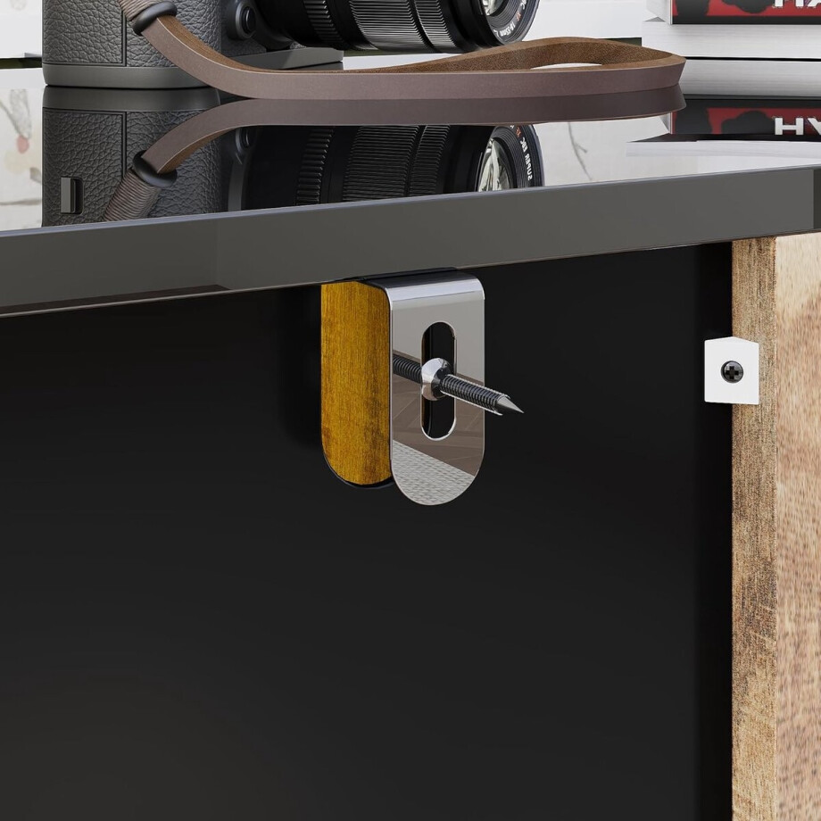 Sideboard with LED Lighting 120x41x95 cm – High Gloss Black & Rustic Wood Storage Cabinet with Doors & Shelves, Push-to-Open, Aluminium Frame, USB LED Bar – Abkantoor afbeelding 1