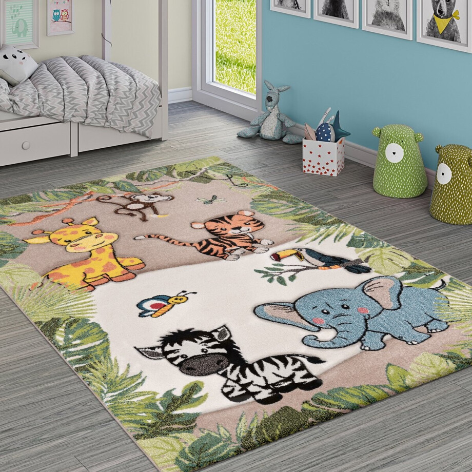 Paco Home Vloerkleed Kinderkamer Jungledieren Giraf Leeuw Aap Zebra Beige/Crème 140x200 cm Paco Home Vloerkleed Kinderkamer Jungledieren Giraf Leeuw Aap Zebra Beige/Crème 140x200 cm afbeelding 1