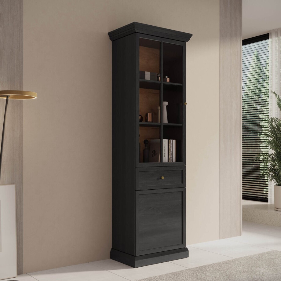 Meubella - Vitrinekast Leroy - Zwart eiken - 63 cm Meubella - Vitrinekast Leroy - Zwart eiken - 63 cm afbeelding 1