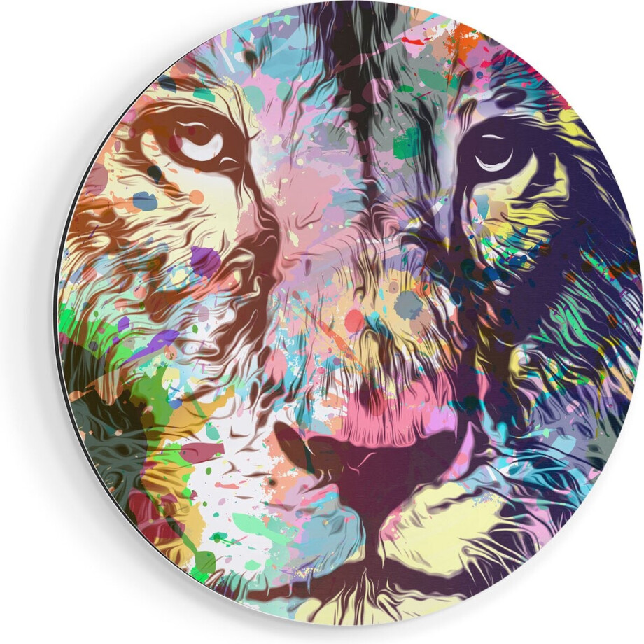 Artaza Dibond Muurcirkel Gekleurde Leeuw - Abstract - Ø 40 cm - Klein - Wandcirkel - Rond Schilderij - Voor Binnen en Buiten afbeelding 1