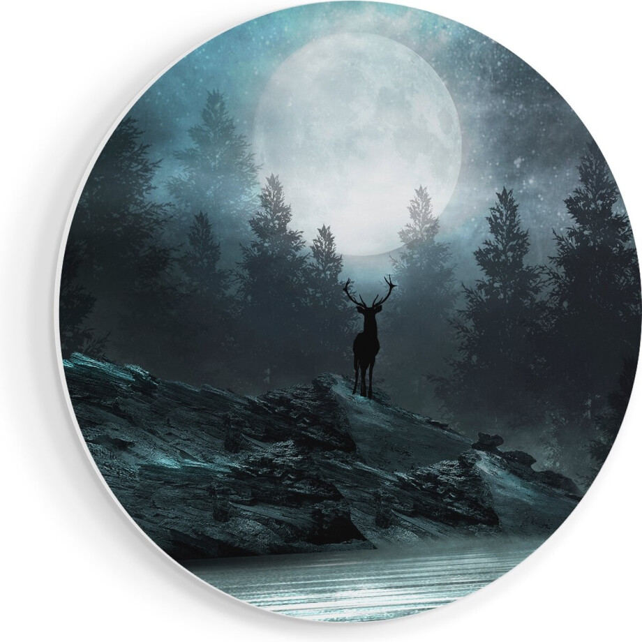 Artaza Forex Muurcirkel Hert Op Een Rots Tijdens Volle Maan - 80x80 cm - Groot - Wandcirkel - Rond Schilderij - Wanddecoratie Cirkel afbeelding 1