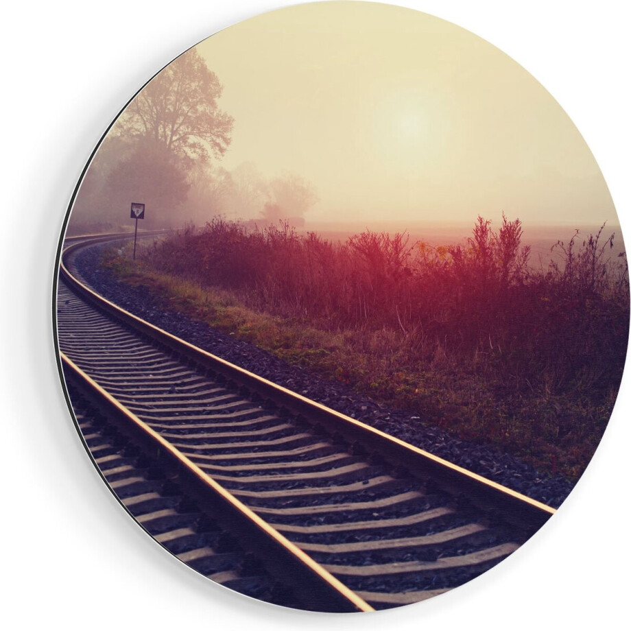 Artaza Dibond Muurcirkel Spoorweg Rails Tijdens De Herfst Met Mist - Ø 40 cm - Klein - Wandcirkel - Rond Schilderij - Voor Binnen en Buiten afbeelding 1