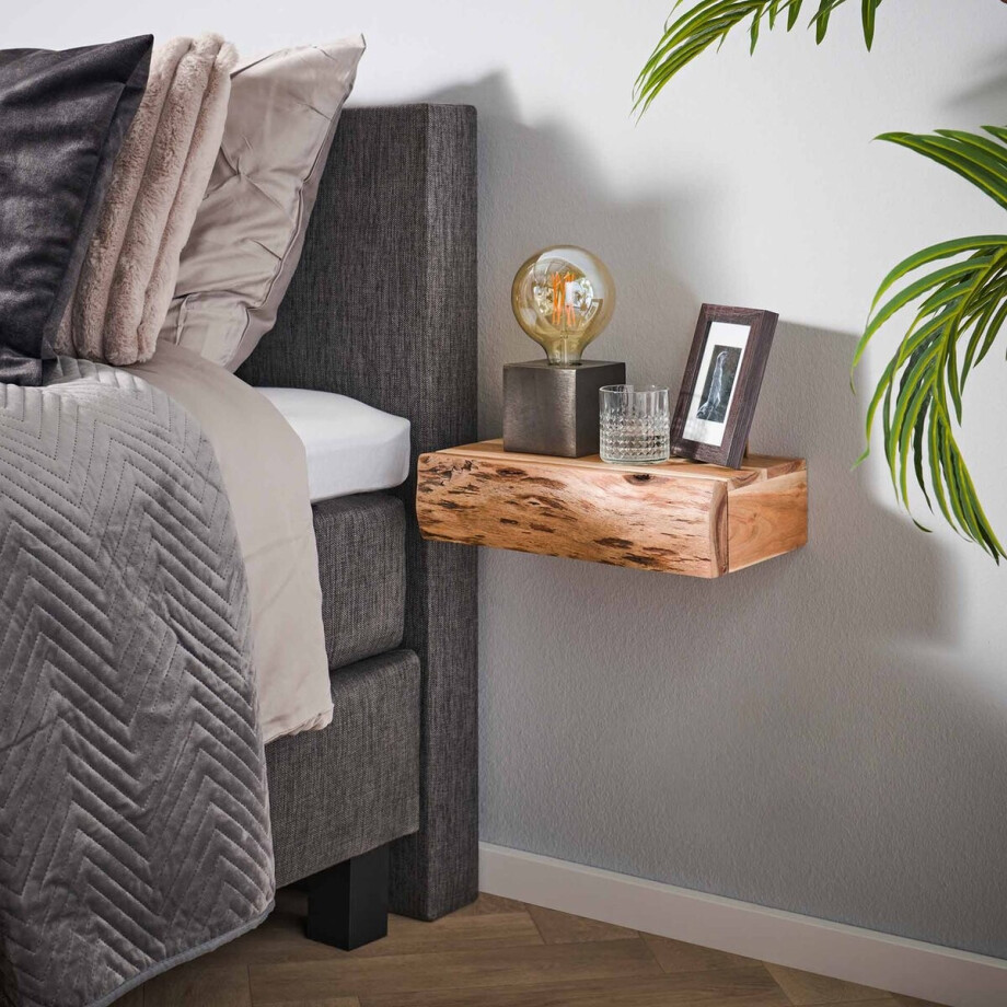 LifestyleFurn Zwevend Nachtkastje Hind Large, Met 1 lade, Acaciahout, Set van 2 stuks - Massief acacia naturel afbeelding 1