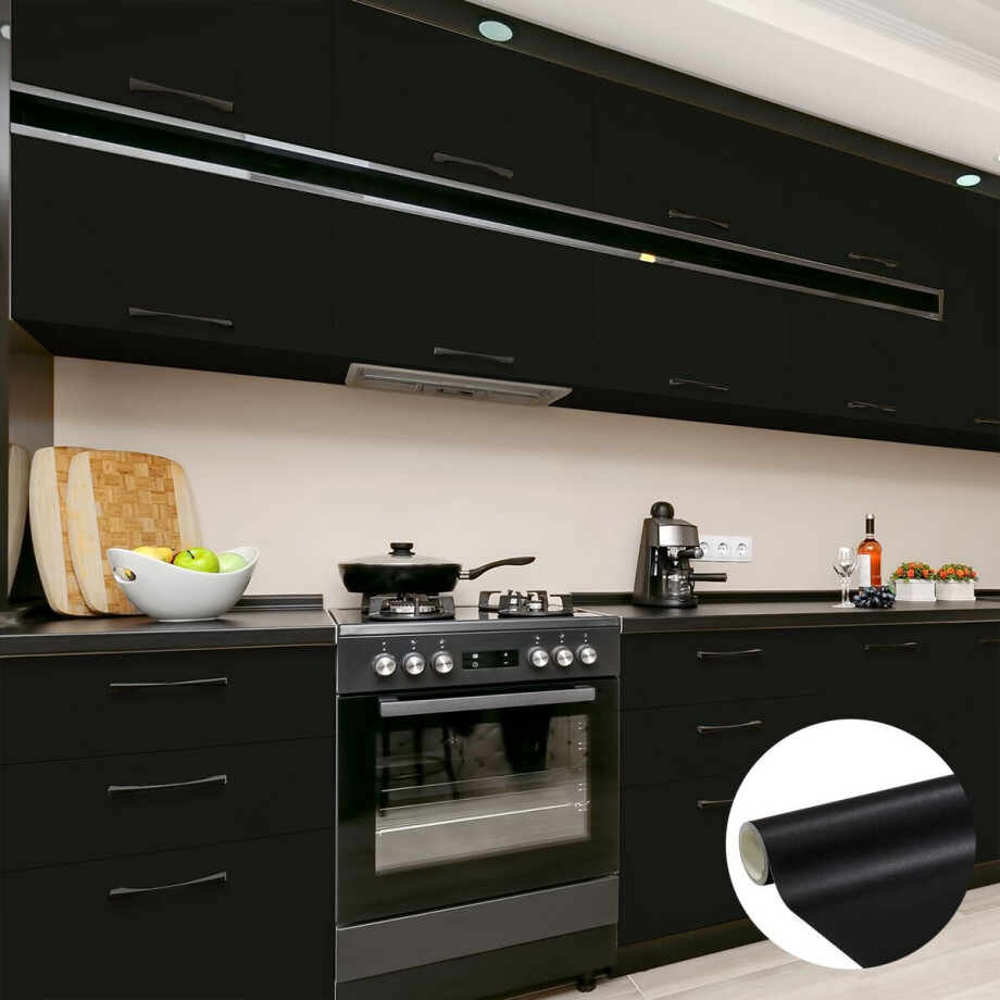 Waterdichte zelfklevende vinylsticker op rol per meter - Afwasbare sticker voor keuken, meubels, kasten, deuren - 60 cm x 8 m - Zwart Waterdichte zelfklevende vinylsticker op rol per meter - Afwasbare sticker voor keuken, meubels, kasten, deuren - 60 cm x 8 m - Zwart afbeelding 1
