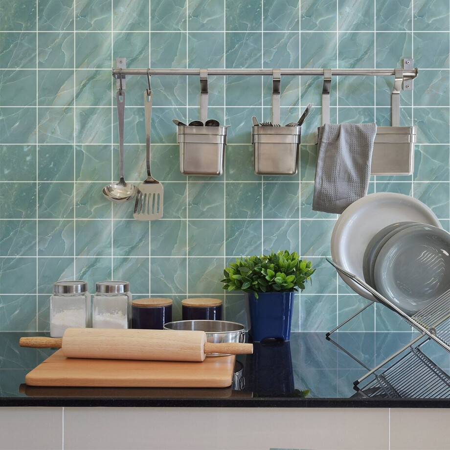 Zelfklevende tegelmuurstickers voor keuken en badkamer - 30 EIBA blauwe marmeren tegelstickers - 30 stickers 10x10cm afbeelding 1