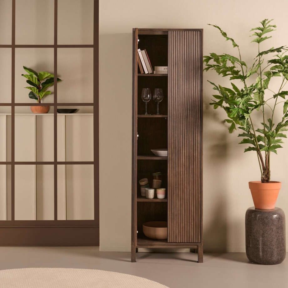 Wandkast Tomar - Hardhout - Espresso Bruin - 60x200x40 cm (BxHxD) - MDF met fineer afwerking - Push-to-open systeem afbeelding 1