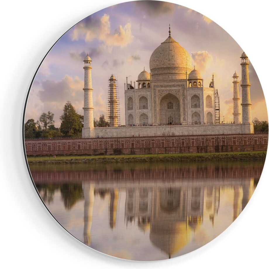 Artaza Dibond Muurcirkel Taj Mahal bij het Water in India - Ø 80 cm - Groot - Wandcirkel - Rond Schilderij - Voor Binnen en Buiten afbeelding 1