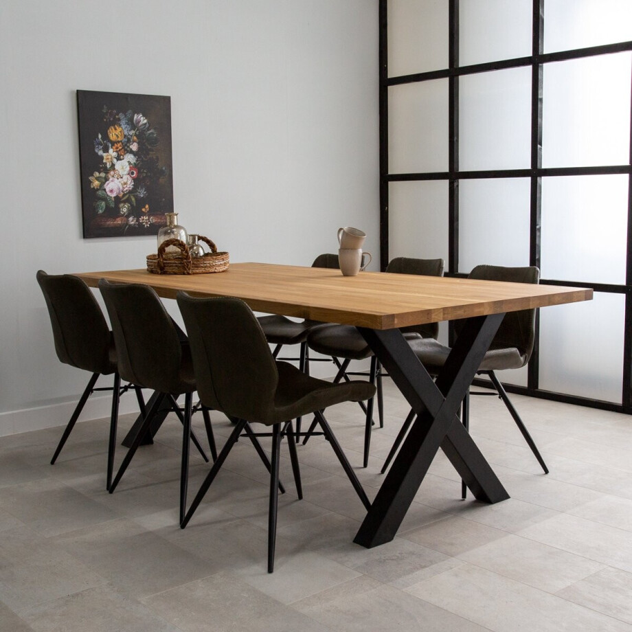 Dimehouse Industriële Eettafel Eikenhout X-poot Zwart Rover 200 x 100 x 4 cm - Eikenhout - Industrieel - Rechthoek afbeelding 1