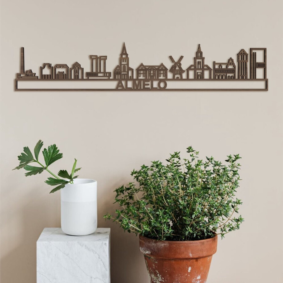 Skyline Almelo (mini) Notenhout Wanddecoratie Voor Aan De Muur Met Tekst City Shapes afbeelding 1