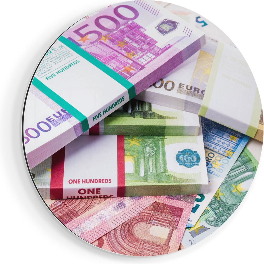 Artaza Dibond Muurcirkel Euro Geld Briefjes - Stapels  - Ø 50 cm - Klein - Wandcirkel - Rond Schilderij - Voor Binnen en Buiten afbeelding 1