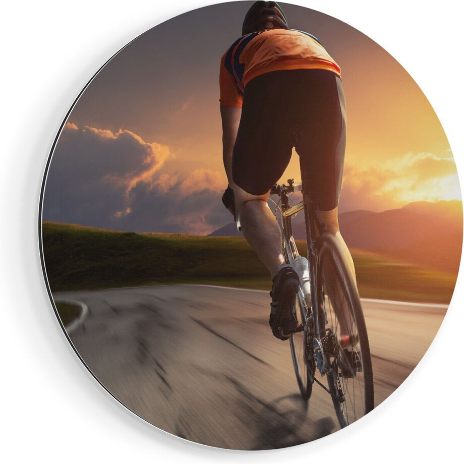 Artaza Dibond Muurcirkel Wielrennen Fietser op de Weg bij Zonsondergang - Ø 90 cm - Groot - Wandcirkel - Rond Schilderij - Voor Binnen en Buiten afbeelding 1