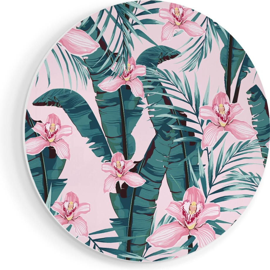 Artaza Forex Muurcirkel Tropische Roze Zomer Bloemen Met Bladeren - 90x90 cm - Groot - Wandcirkel - Rond Schilderij - Muurdecoratie Cirkel afbeelding 1