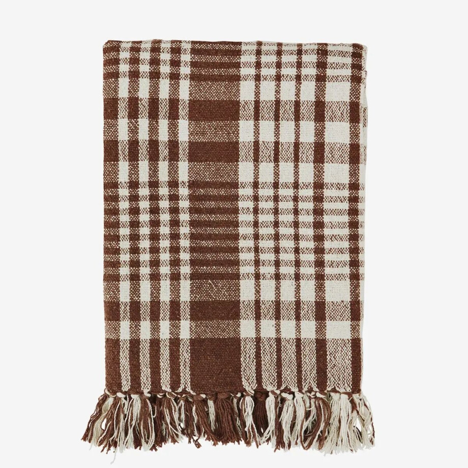 Madam Stoltz - Gerecycled Katoenen Plaid - Terra Bruin/Wit Geruit afbeelding 1