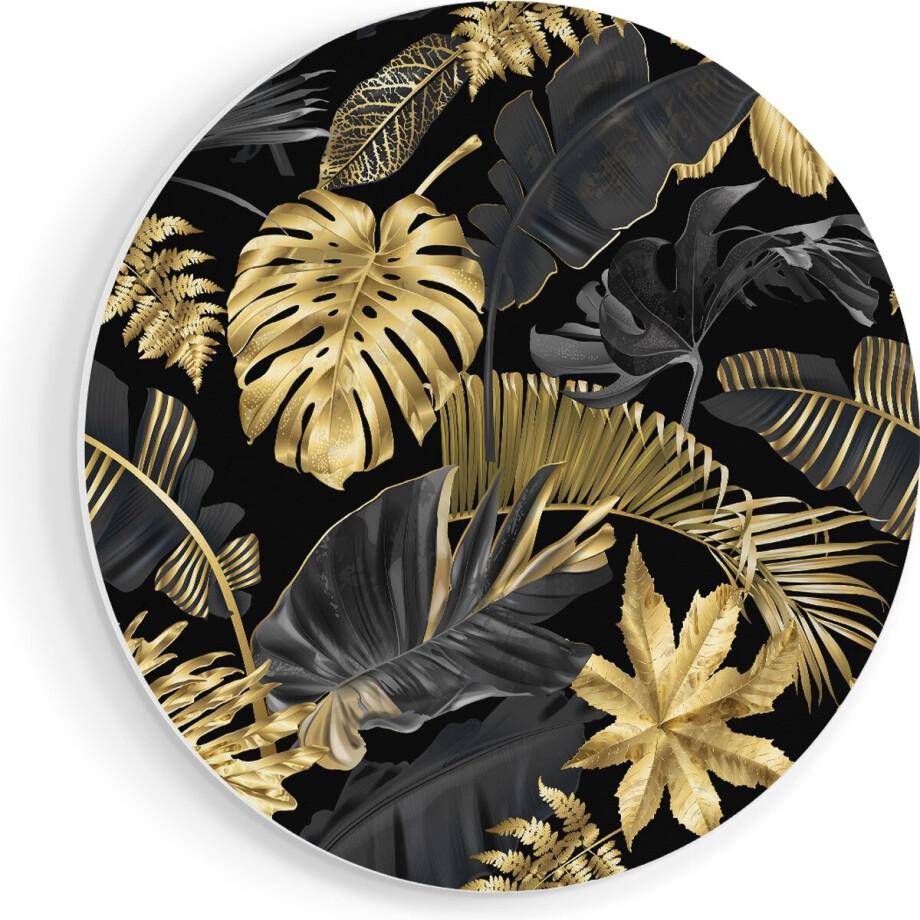 Artaza Forex Muurcirkel Gouden Tropische Bladeren - 80x80 cm - Groot - Wandcirkel - Rond Schilderij - Wanddecoratie Cirkel afbeelding 1