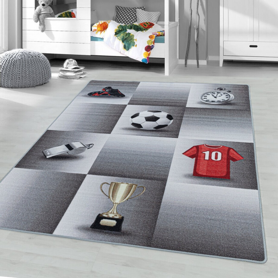 Flycarpets Kindervloerkleed - Voetbal - Grijs 100x150 cm afbeelding 1