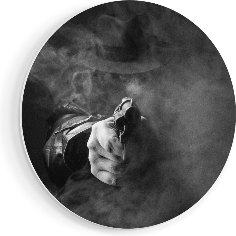 Artaza Forex Muurcirkel Man Met Een Hoed Trekt Zijn Pistool - Zwart Wit - 40x40 cm - Klein - Wandcirkel - Rond Schilderij - Wanddecoratie Cirkel afbeelding 1