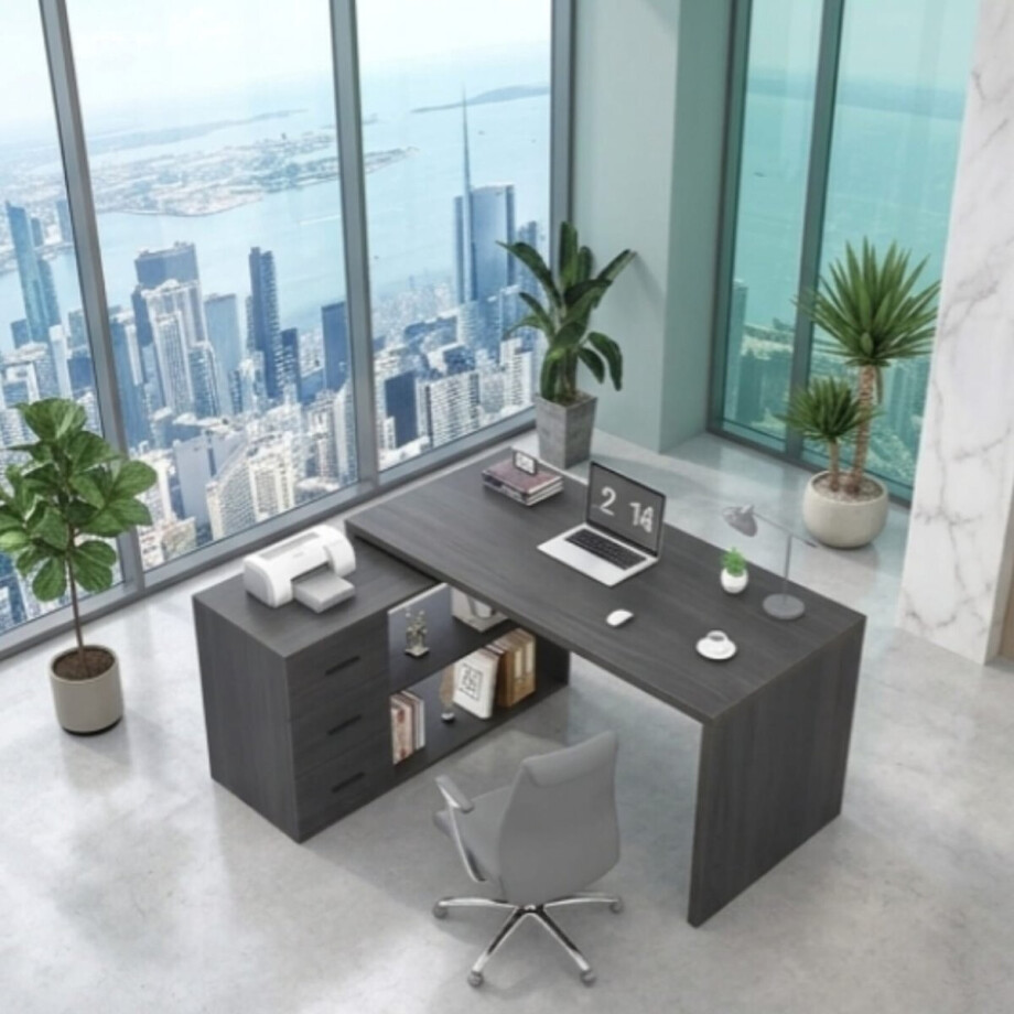 Hoekbureau L-vorm 140x50x76 cm Donkergrijs Eiken – Omkeerbaar Bureau met 3 Laden en 2 Planken, Modern Computerbureau met Opbergruimte voor Thuiswerkplek – Urbanhome afbeelding 1
