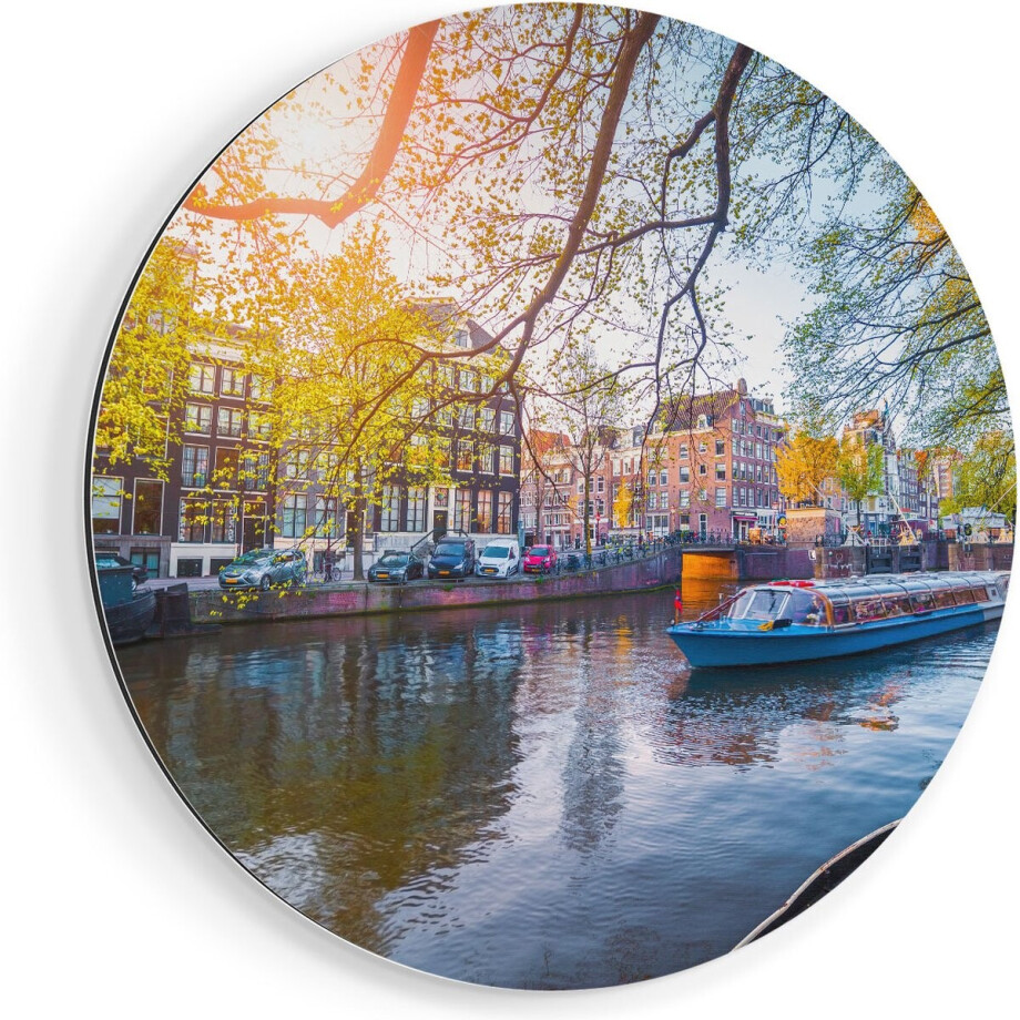 Artaza Dibond Muurcirkel Amsterdamse Gracht Tijdens Het Voorjaar - Ø 60 cm - Wandcirkel - Rond Schilderij - Voor Binnen en Buiten afbeelding 1