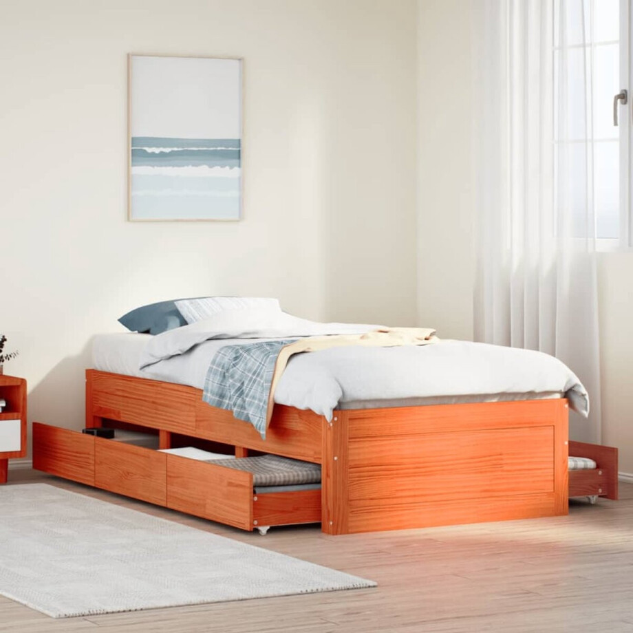 vidaXL - Bedframe - zonder - matras - met - lades - grenenhout - wasbruin - 75x190 - cm afbeelding 1