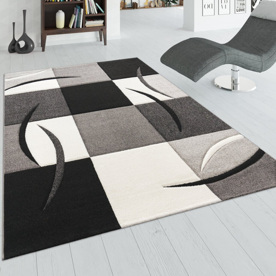 Flycarpets Diamesa Modern Vloerkleed - Zwart / Grijs / Wit - 120x170 cm - Laagpolig Tapijt Woonkamer afbeelding 1