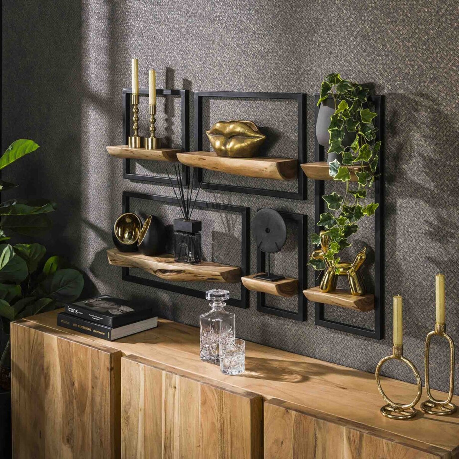 DH Interior Set van 5 wandplanken Viggo acaciahout metaal - Hout - Massief acacia - Industrieel - 25 x 12 x 75 cm afbeelding 1