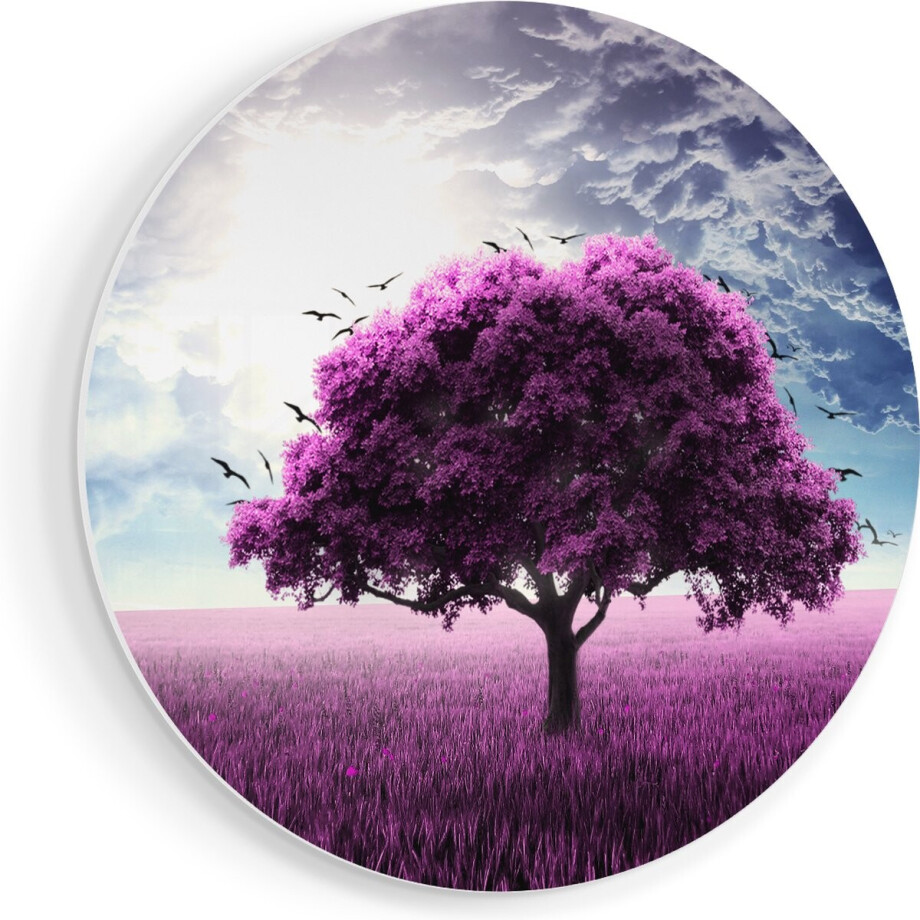 Artaza Forex Muurcirkel Paarse Boom In Het Paars Veld Met Vogels - 50x50 cm - Klein - Wandcirkel - Rond Schilderij - Muurdecoratie Cirkel afbeelding 1