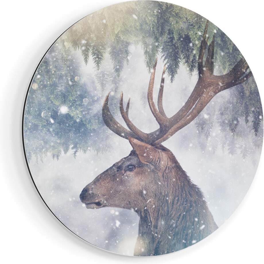 Artaza Dibond Muurcirkel Hertenkop - Hert Op Een Bomen Achtergrond - Ø 60 cm - Wandcirkel - Rond Schilderij - Voor Binnen en Buiten afbeelding 1