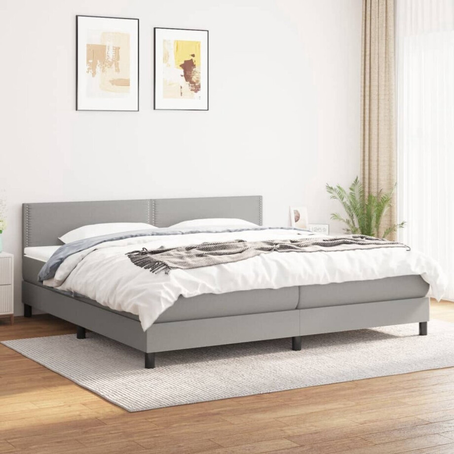 vidaXL Boxspringbed - Boxspring - Boxspring met matras stof lichtgrijs 180x200 cm - Slaapcomfort - Pocketed Veren - Matras afbeelding 1