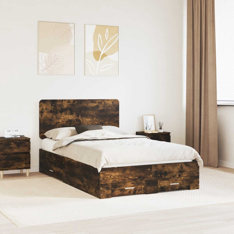 vidaXL - Bedframe - met - lade - Rook - Eiken - 120 - x - 200 - cm - Bewerkt - hout afbeelding 1