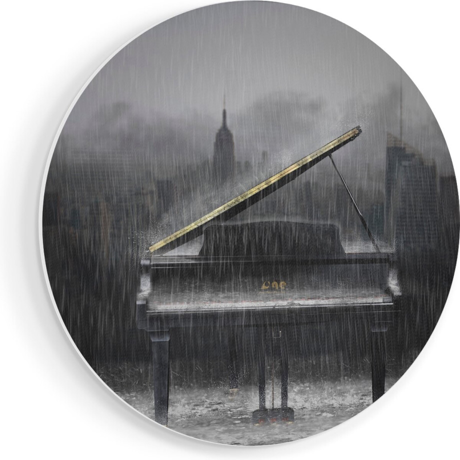 Artaza Forex Muurcirkel Piano in de Regen voor een Stad - 90x90 cm - Groot - Wandcirkel - Rond Schilderij - Muurdecoratie Cirkel afbeelding 1