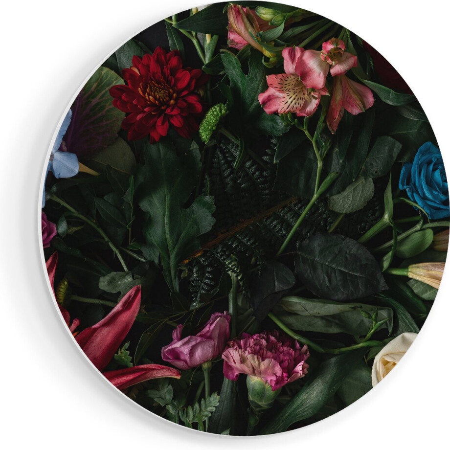 Artaza Forex Muurcirkel Kleurrijke Bloemen Met Groene Bladeren - 50x50 cm - Klein - Wandcirkel - Rond Schilderij - Muurdecoratie Cirkel afbeelding 1