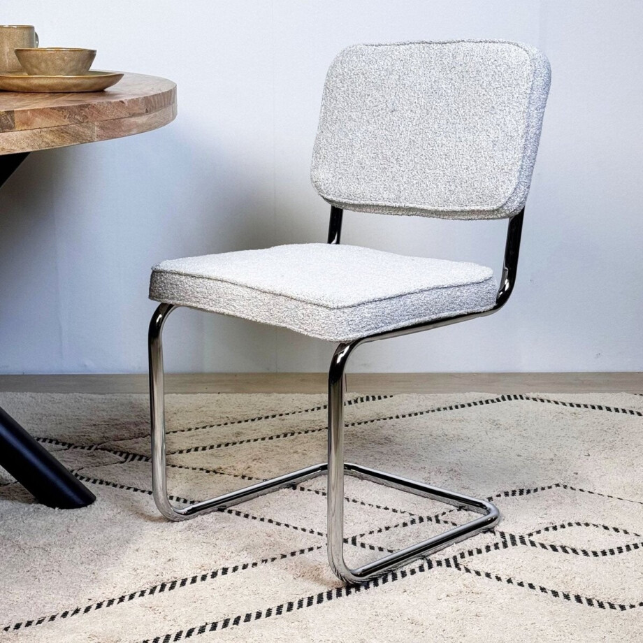 Dimehouse Moderne Eetkamerstoel Grijs Bouclé Stof Sway - Chrome Frame - Zonder Armleuningen - Stof - Modern Dimehouse Moderne Eetkamerstoel Grijs Bouclé Stof Sway - Chrome Frame - Zonder Armleuningen - Stof - Modern afbeelding 1