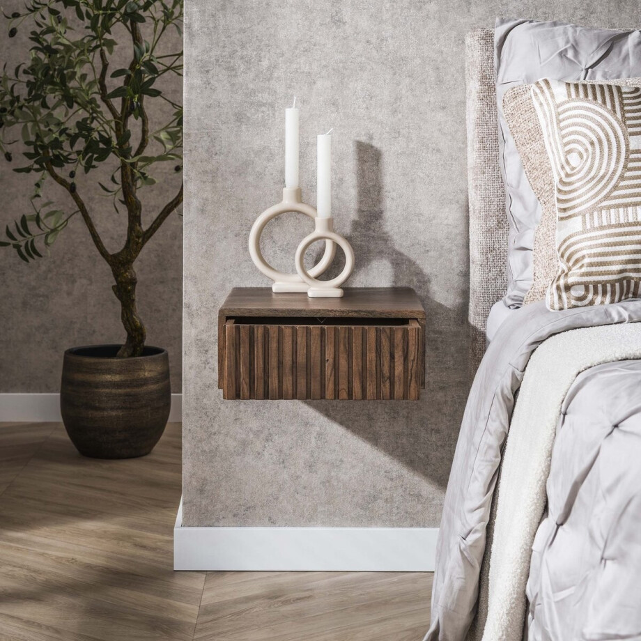 Hoyz Collection - Nachtkastje Carve Zwevend 1 Lade Verpakt Per 2 - Massief Acacia Bruin afbeelding 1